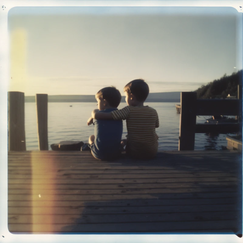 two siblings sitting on deck in late afternoon, early 2000s, flash photography, polaroid